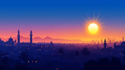 Naklejka premium A breathtaking view of an Egyptian city silhouetted against a vibrant sunset, with a glowing sun casting a warm light over minarets, palm trees, and the horizon.