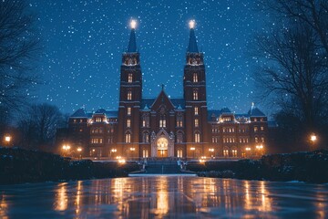 Obraz premium A Nighttime View of a Brick Building with Snow Falling and Lights Reflecting on a Frozen Pond