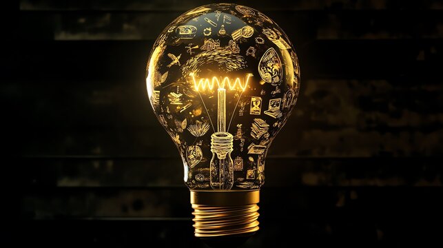 Creative light bulb design with intricate graphic patterns illuminated, showcasing innovation and ideas.