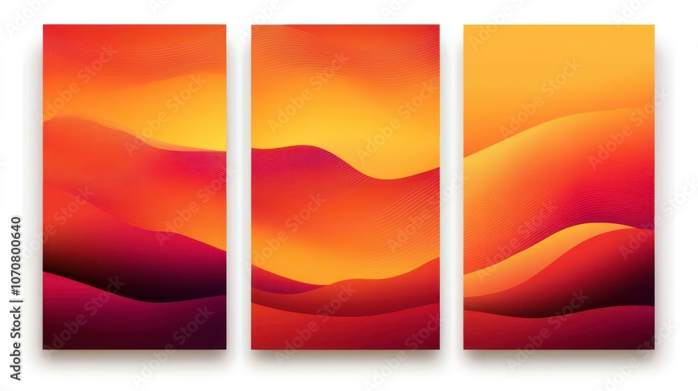 Poster abstract triptych of flowing waves in warm orange and gold tones.