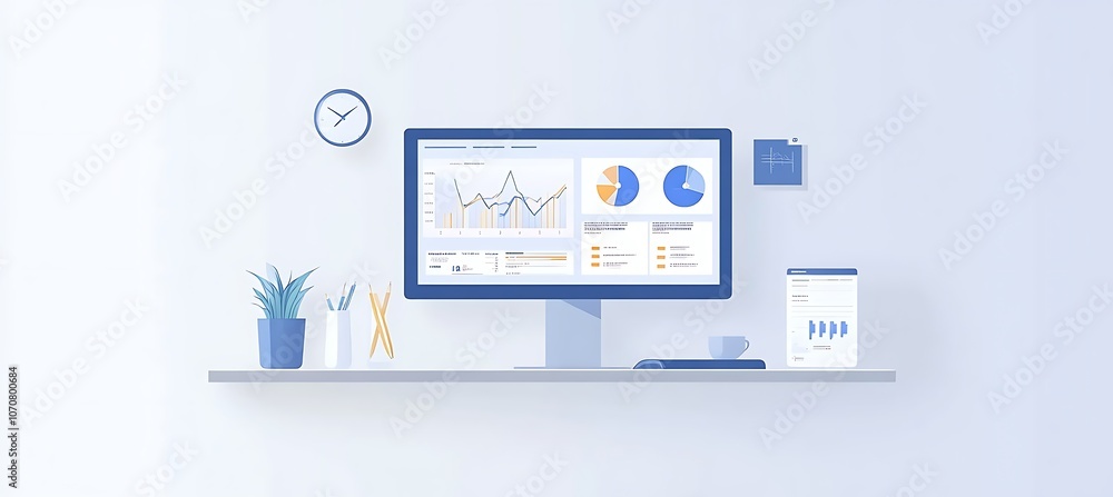 Aufkleber a clean, minimalist workspace with a large monitor displaying a business dashboard and financial gra
