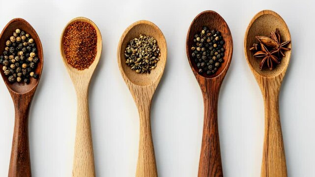 Five wooden spoons with different spices are arranged on a white surface