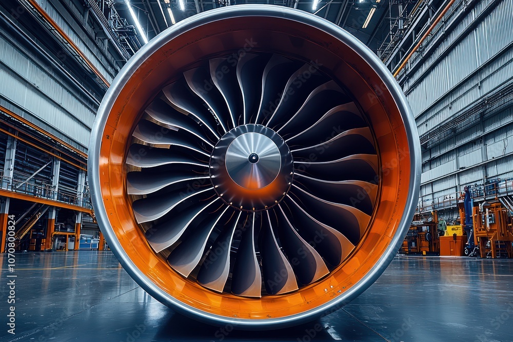 Poster close-up view of an airplane engine turbine inside a hangar
