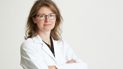 Female scientist in a half-body portrait, analyzing data in a white lab coat, set against a clean white background.
