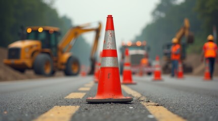 Road construction site with cones and heavy equipment
