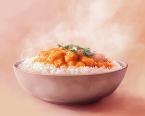 Warm portion satisfaction, a simple yet elegant bowl of rice with a savory curry sauce, warm steam rising from the food, set against a soft, pastel background.