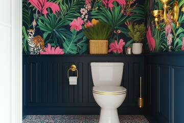 World Toilet Day luxurious jungle themed powder room with dark navy paneling and vibrant tropical wallpaper, The space includes brass fixtures, a modern wall-mounted toilet
