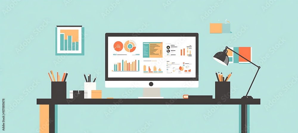 Poster a clean, modern desk with a large monitor displaying a complex business dashboard, surrounded by min