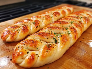 Freshly baked braided garlic bread with herbs on wooden board.