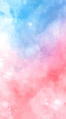 Abstract watercolor background with blue and pink clouds and white dots.