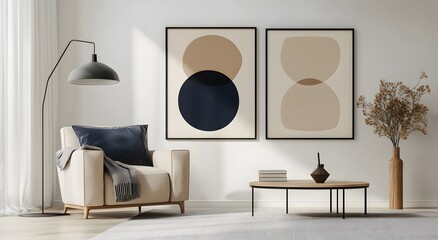 A modern minimalist interior design style with wall art prints large geometric art frames. And the room has contemporary furniture and vases and includes an armchair, sofa and a small side table. 