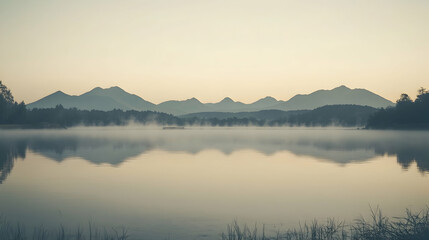 Misty morning with a lake reflecting the mountains in the distance.
