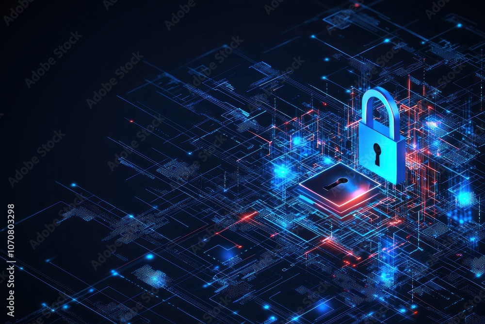 Poster cyber security with padlock on abstract circuit board