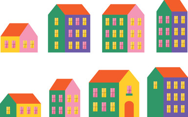 Set of geometric houses on a transparent background. Isolated vector illustration.