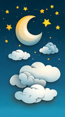 A crescent moon and stars shine brightly in a blue night sky with fluffy white clouds.