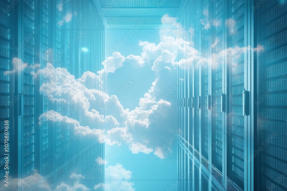 Aufkleber server racks reflecting a blue sky with white clouds