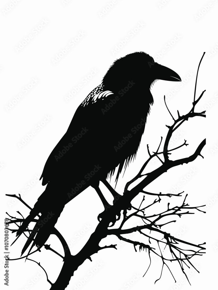Poster drawing of a raven on a tree isolated on a white background