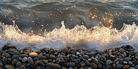 Obraz premium Golden Sunset Reflection on Seawater and Pebbles