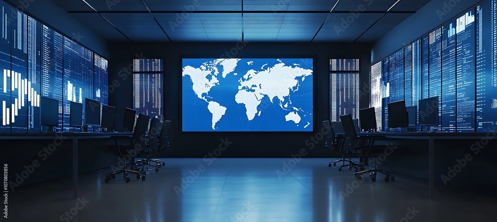 Poster a clean, modern workspace with a large screen showing a world map and data analytics, set in a dimly
