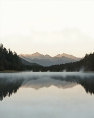 Fototapeta premium A serene lake with mountains in the background, shrouded in fog.