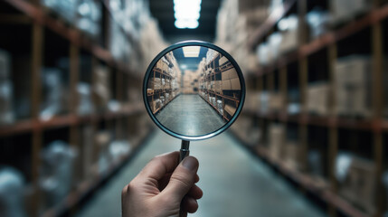magnifying glass held in hand, focusing on warehouse aisle
