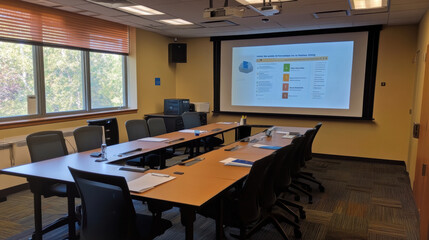 conference room with large screen displaying presentation