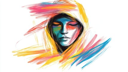 Hooded figure in colorful line art, abstract portrait with bold strokes on white, minimalistic yet expressive.