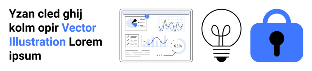 Analytics dashboard with graphs and charts, light bulb representing ideas, lock symbolizing security. Ideal for business insights, innovation, data analysis, brainstorming, cybersecurity, technology