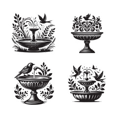 Vector Birdbath Silhouette Set, Birdbath Silhouettes, Black and White Birdbath Vector Silhouettes, 