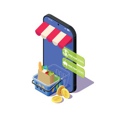 Isometric illustration of the concept of an online store with a shopping cart and products on the phone