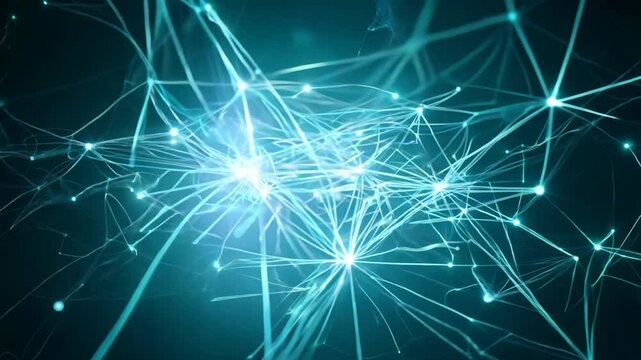 Abstract animation of a network of neurons firing and connecting on a dark background.