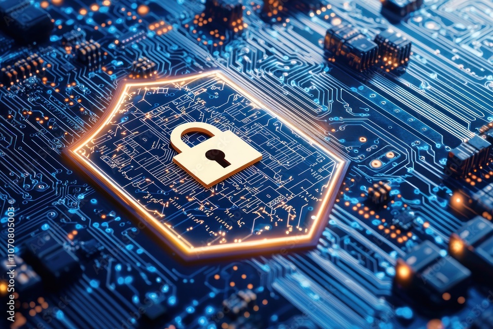 Poster a golden padlock symbol on a glowing circuit board
