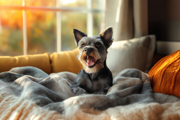 Small Dog sitting on cozy blanket and yawning near window with Autumn scenery outside