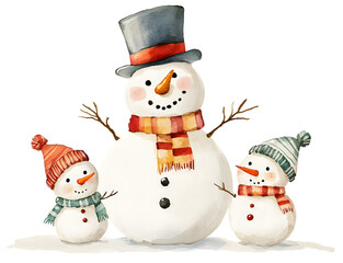 Snowman Family Top Hat Two Smaller Snowmen Watercolor Transparent Background Cutout