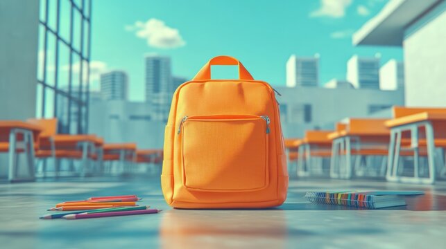 Orange backpack in a classroom.