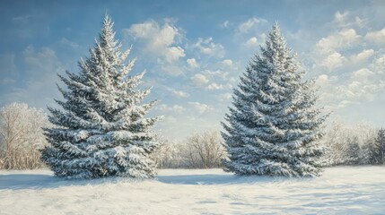 Fototapeta premium A serene winter landscape featuring snow-covered evergreen trees under a cloudy blue sky.
