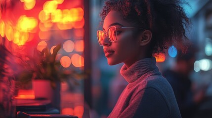 A holographic customer service AI interacts with users in a vibrant, neon-lit urban environment