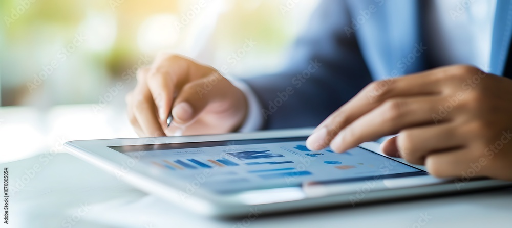 Poster a close-up of a business strategy document being reviewed on a digital tablet, with a focus on the a