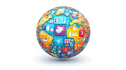Obraz premium Colorful globe with social media icons, global connectivity concept, white isolate background.