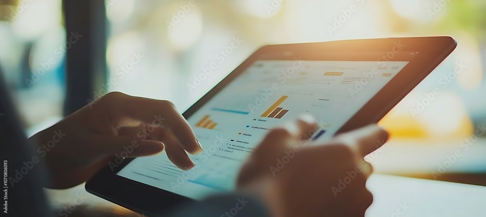 Poster a close-up of a business strategy document being reviewed on a digital tablet, with a focus on the a