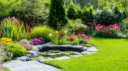 Obraz premium A lush green lawn with a small pond, surrounded by blooming flowers and a stone pathway in a backyard garden.