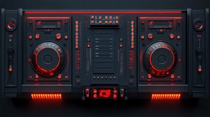 Futuristic DJ mixer console with red lights, top view, 3D render. Perfect for music production, mixing, and electronic dance music.