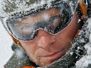 Fototapeta premium Extreme close-up of a skier in bright winter light with goggles reflecting snow-covered mountains
