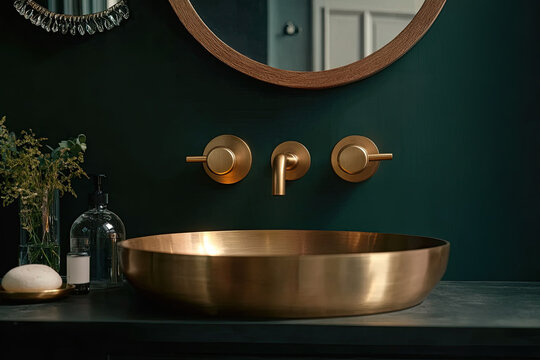 A front view of a brass wall faucet with round shapes and a golden finish, set above an elegant gold sink. A mirror reflects the minimalist design in a dark green bathroom, bathed in natural light.