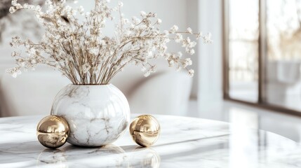 Marble centerpiece adorned with gold detailing, stylish decor on a crisp white background.