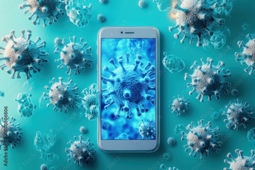 Poster a smartphone displays a digital rendering of virus cells on a teal background