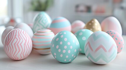 Fototapeta premium Colorful decorated Easter eggs arranged on a table, showcasing various patterns and designs.