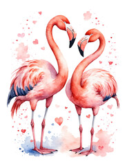 Fototapeta premium Watercolor a couple of cute pink flamingos. Valentine's Day card. Greeting background for postcards, banners, declarations of love.