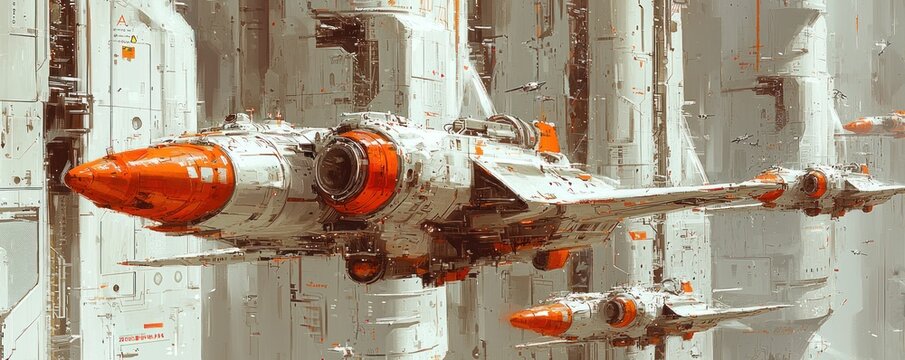 Futuristic Spaceship Docked with City Buildings