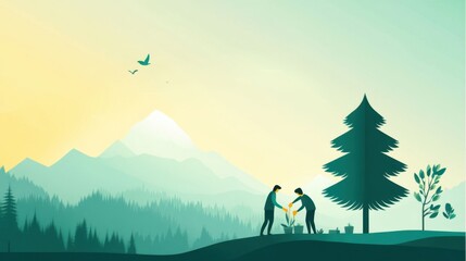 People Planting Trees in a Beautiful Forest Scene